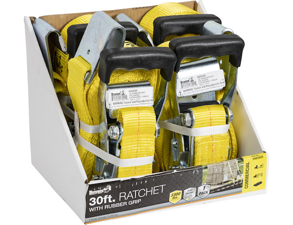 30 Foot Commercial Grade Ratchet Strap with Soft Rubber Grips - Flat Hooks, Full Cut Case (4 Pieces Per Case)